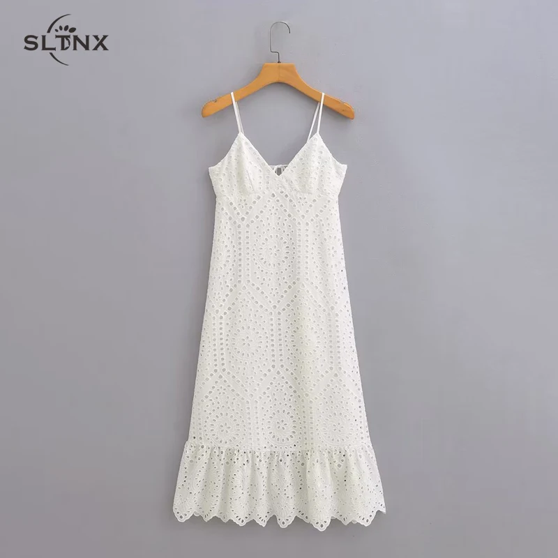 

SLTNX TRAF Fashion Womens Dresses for Women Summer Chic and Elegant White Embroidered Lace Dress Female A-Line Casual Long Dress