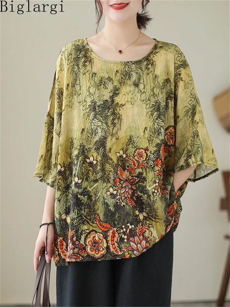

Большой корейский летний винтажный Модный принт Женская футболка с цветочным принтом пуловер большой размер Повседневная Свободная Женская хлопковая льняная футболка Топы