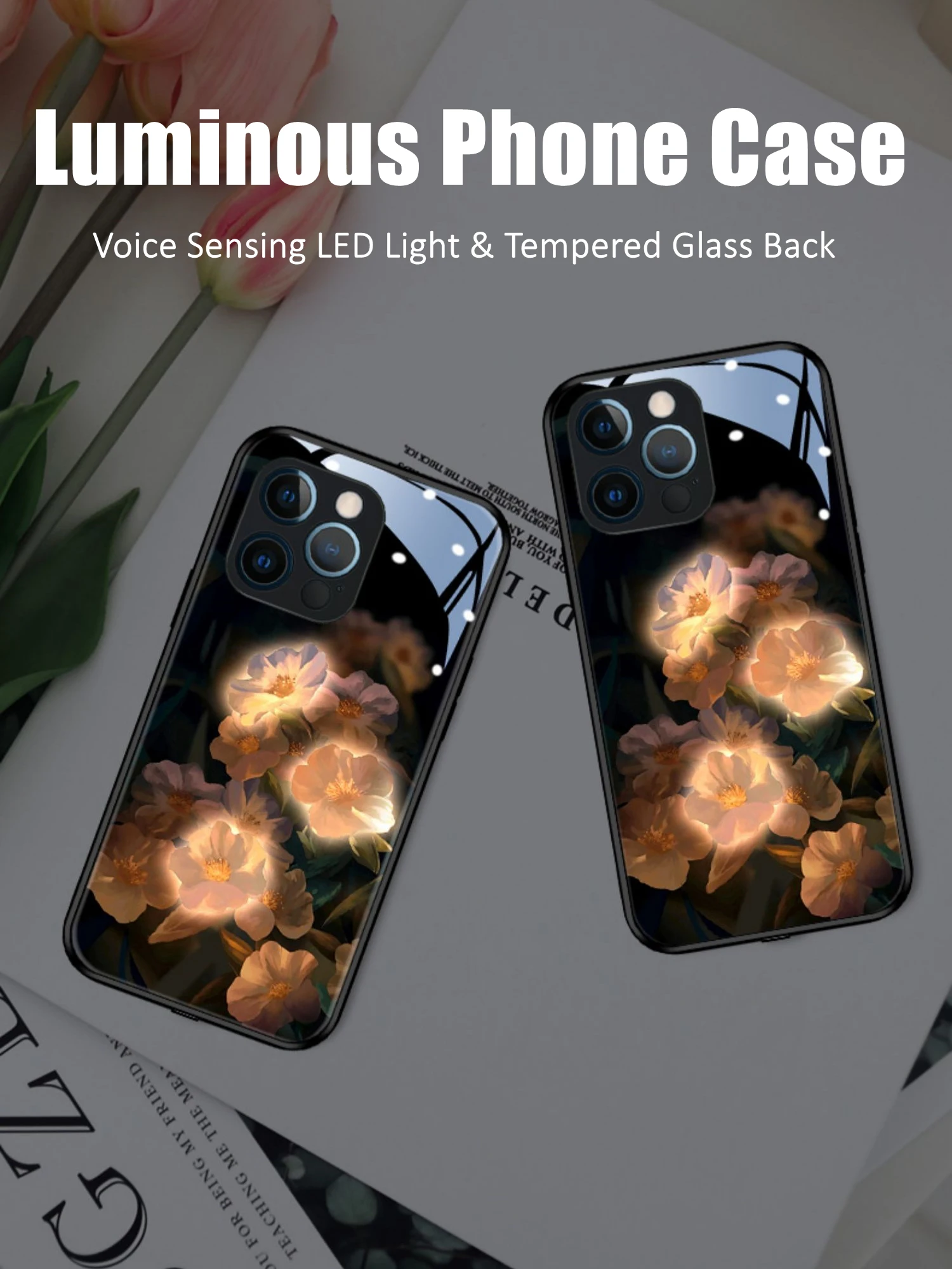

Camellia Flower LED Light Glowing Luminous Tempered Glass Back Phone Case for OPPO Reno 4 5 6 7 8 9 Find X5 Realme X50 Pro Plus