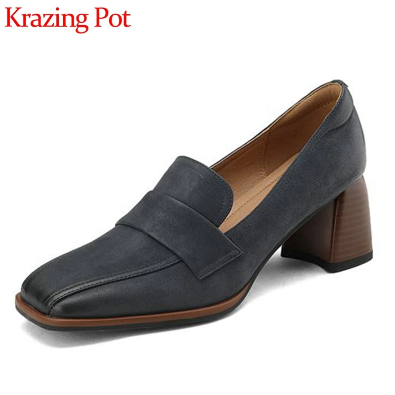 

Krazing Pot New Sheep Leather Square Toe Spring Shoes Thick High Heels Maiden Mature Slip on Solid Handmade Modern Women Pumps
