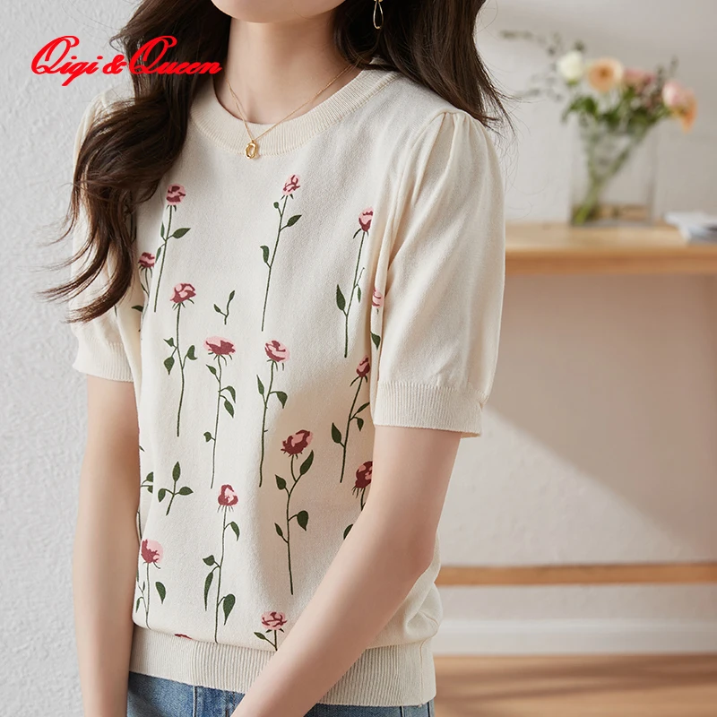 

Qiqi&queen Summer New Short-Sleeved Embroidered T-shirt 2023 Ice Silk Sweater Thin Clothing Section Pullover Ladies Tops Blouse
