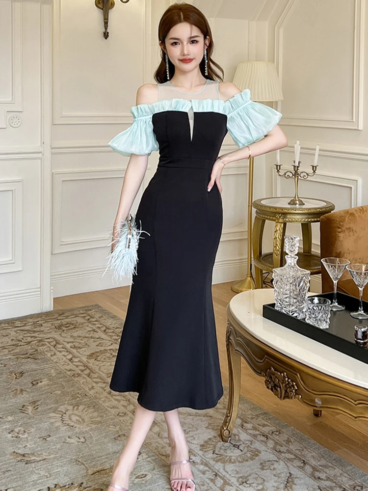 

Женское Прозрачное платье макси в стиле знаменитостей, длинное прозрачное платье с оборками и открытыми плечами, милые наряды для выпускно...