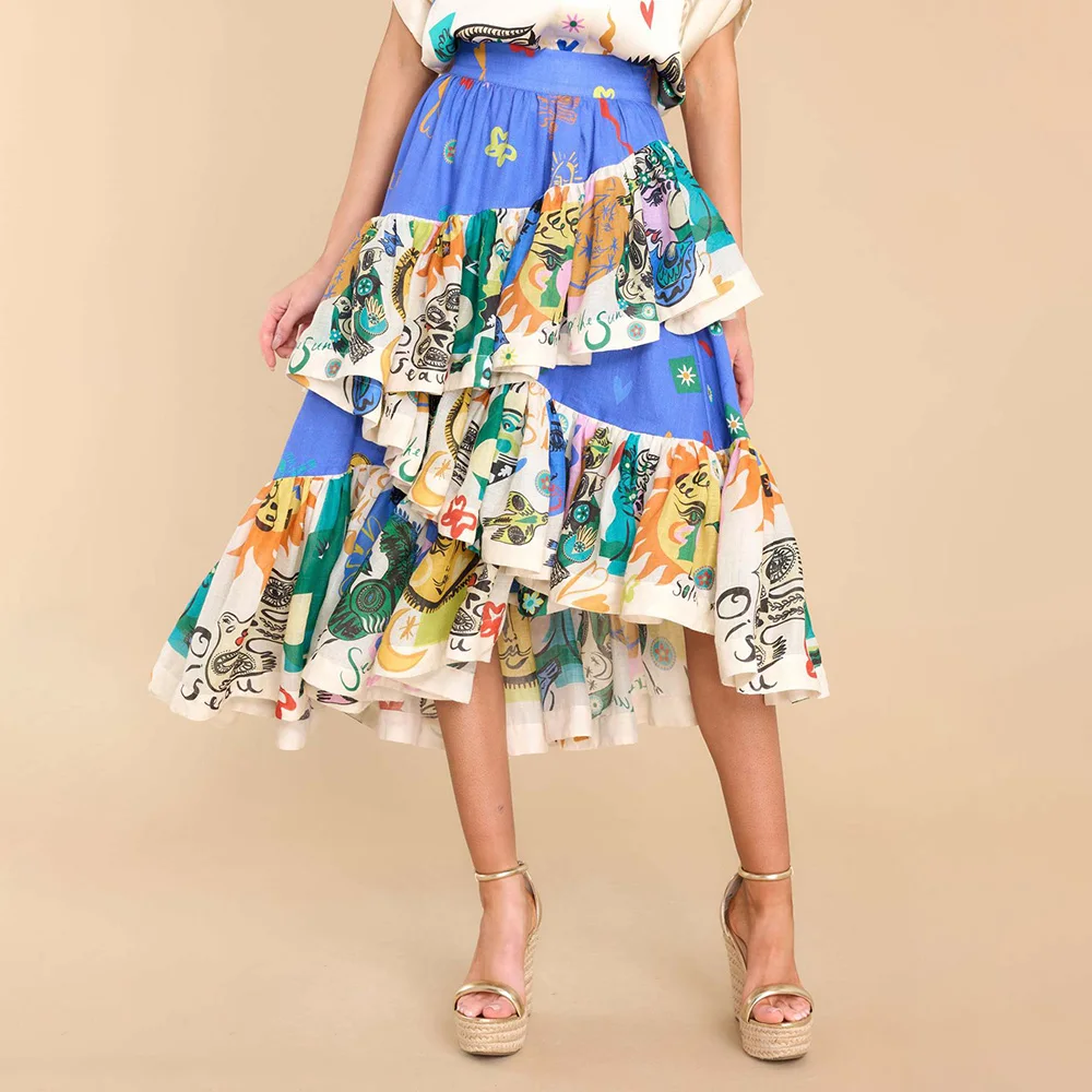 

Summer Women Retro Printed Tierred Ruffles Skirts Fashion Vintage Pattern Graffiti Print Midi Skirt Casual Loose Holiday Skirt