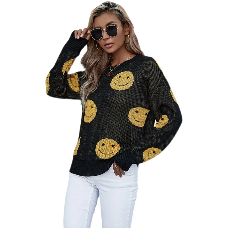 Женский трикотажный пуловер с круглым вырезом и длинным рукавом