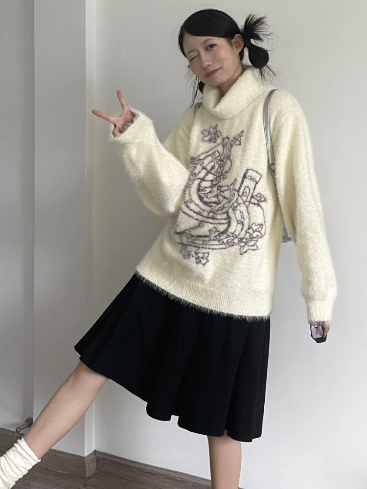 Женский свитер в стиле преппи Y2k жаккардовые пуловеры с высоким воротником