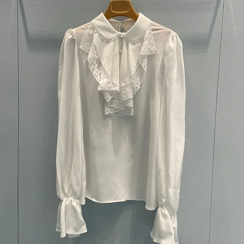 

High Fashion Doll Collar Palace Lace Patchwork Lotus Collar Blouse White Lantern Sleeve Shirt Women Tops New 2022 Autumn