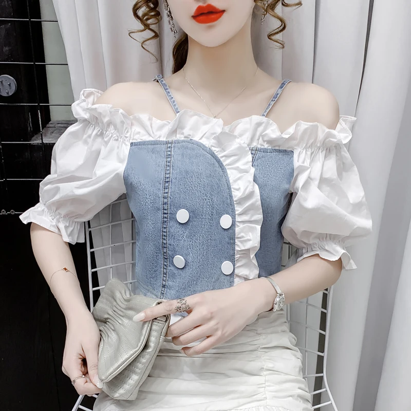 

Shoulder strap shirt women's 2021 new design sense niche exotic ruffled denim sexy strapless top 514j,327-25
