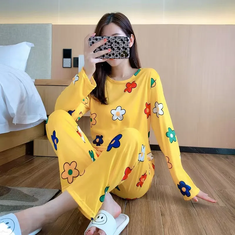 Spring Autumn Pajamas for Women Girl Fashion Flower Faux Silk Sleepwear Sets