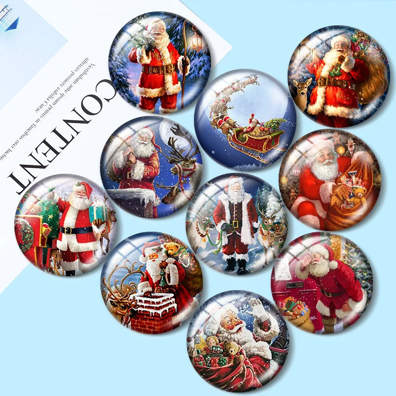 

Happy New Year Christmas Santa Claus 10pcs mixed 12mm/18mm/20mm/25mm Round photo glass cabochon demo flat back Making findings