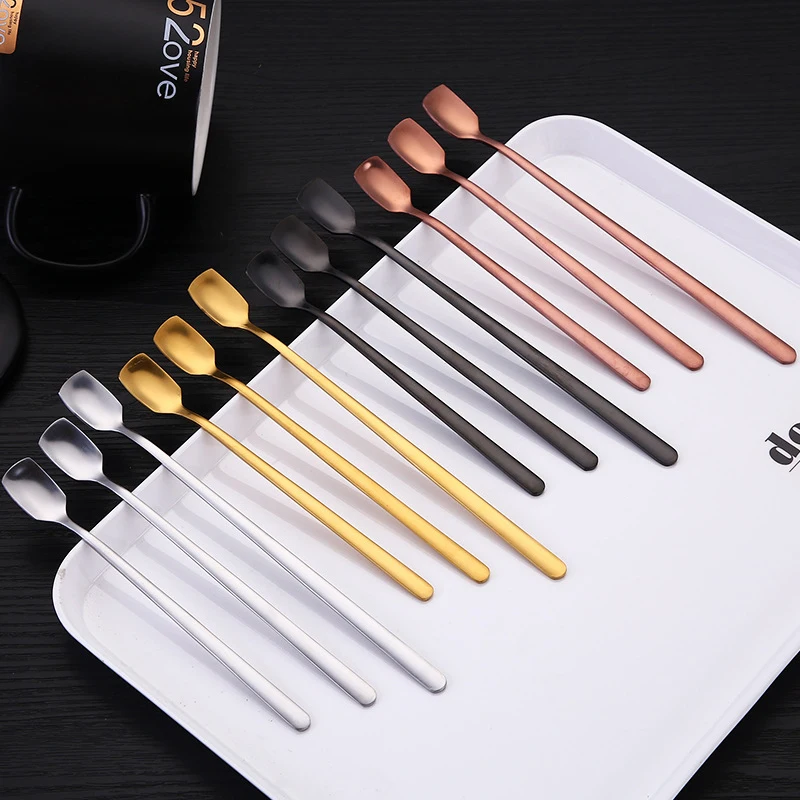 

4pcs Gold Coffee Spoon Stainless Steel Square Head Iced Teaspoons for Cafe Milk Tea Honey Jar Ice Cream Cocktail Stirring Spoons