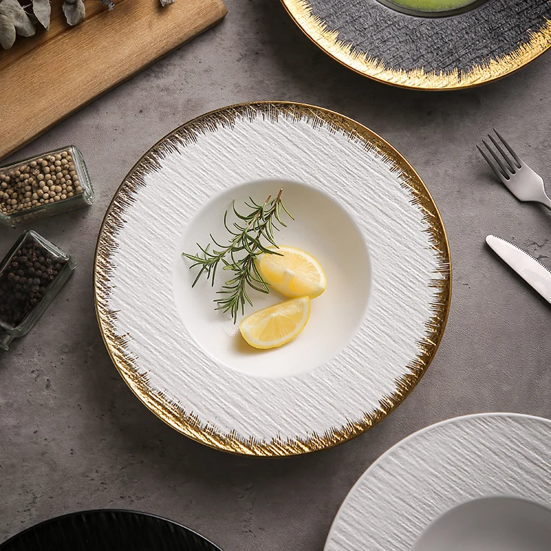 

Creative Ceramic Gold Border Ceramic Deep Dish Frosted Porcelain Fruit Salad Plate Home Dinner Plate Cooking Dishes Tableware