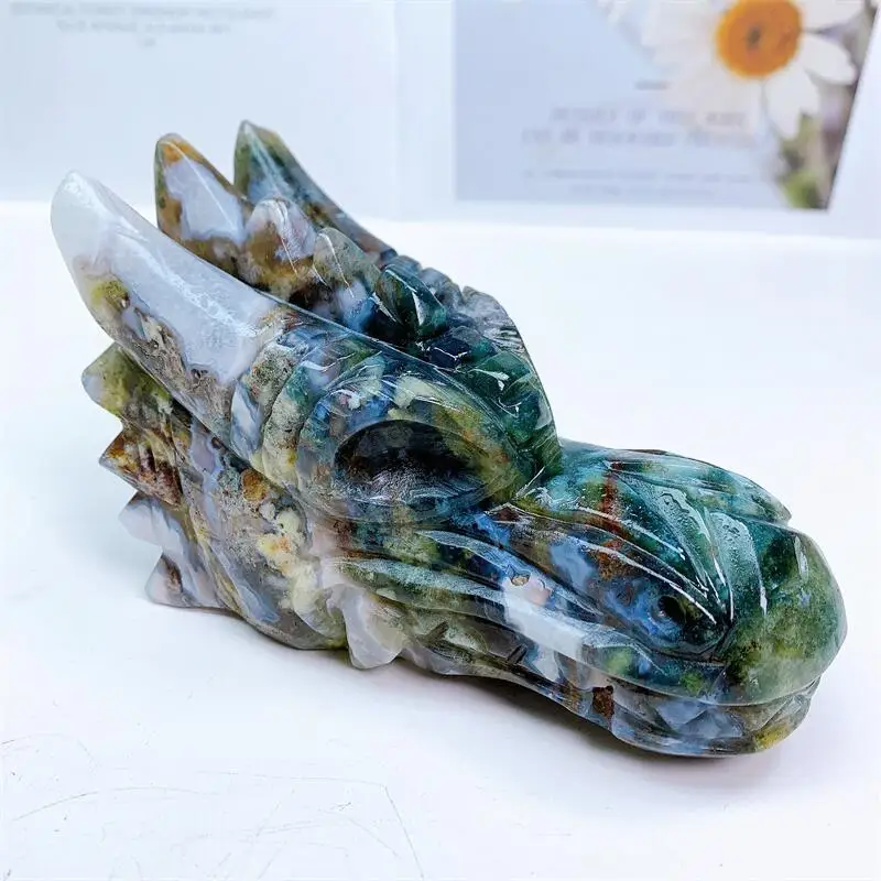 

14.5cm Natural Moss Agate Dragon Skull Animal Carved Crystal Figurine Feng Shui Crafts Healing Artware Home Decorate Gift 1PCS