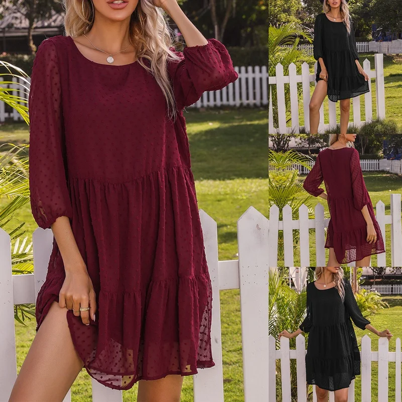 

Women's Solid Color Round Neck Stitching Mesh 3/4 Sleeve Pleated Mini Dress