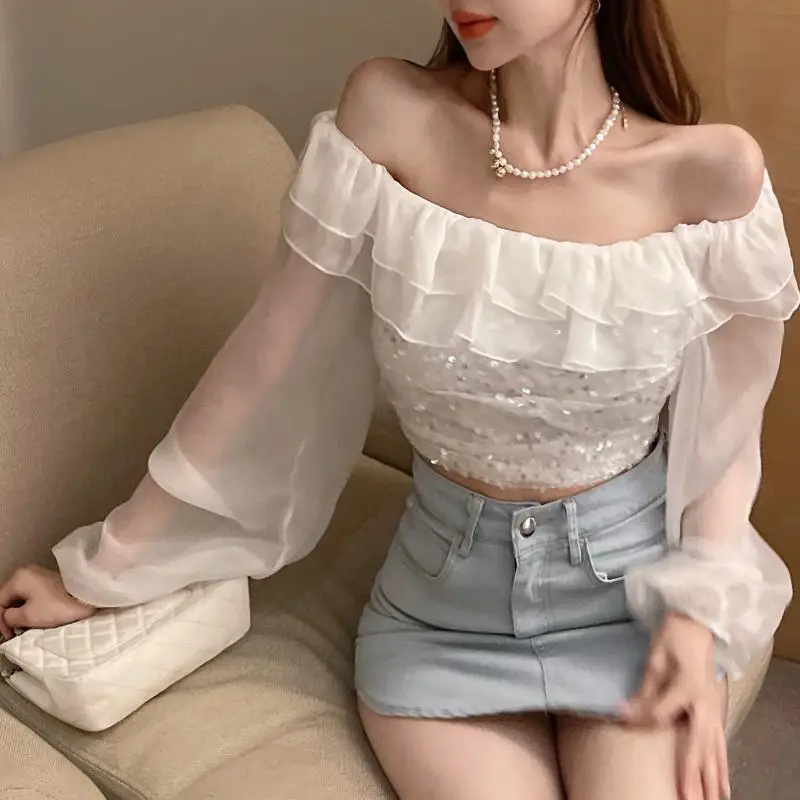 

Korean Lady Lantern Sleeve Rullfes Short Chiffon Blouses White Elegant Female Shining Sequined Slash Neck Blouse Mujer Crop Top