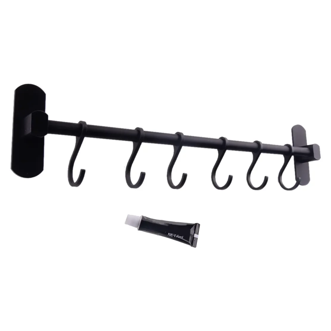 

2023 Black/Silver Space Aluminum Kitchen Bathroom Rail Wall Mounted Utensil Holder Storage Hanging Rack 6 Hooks 40cm Length bath