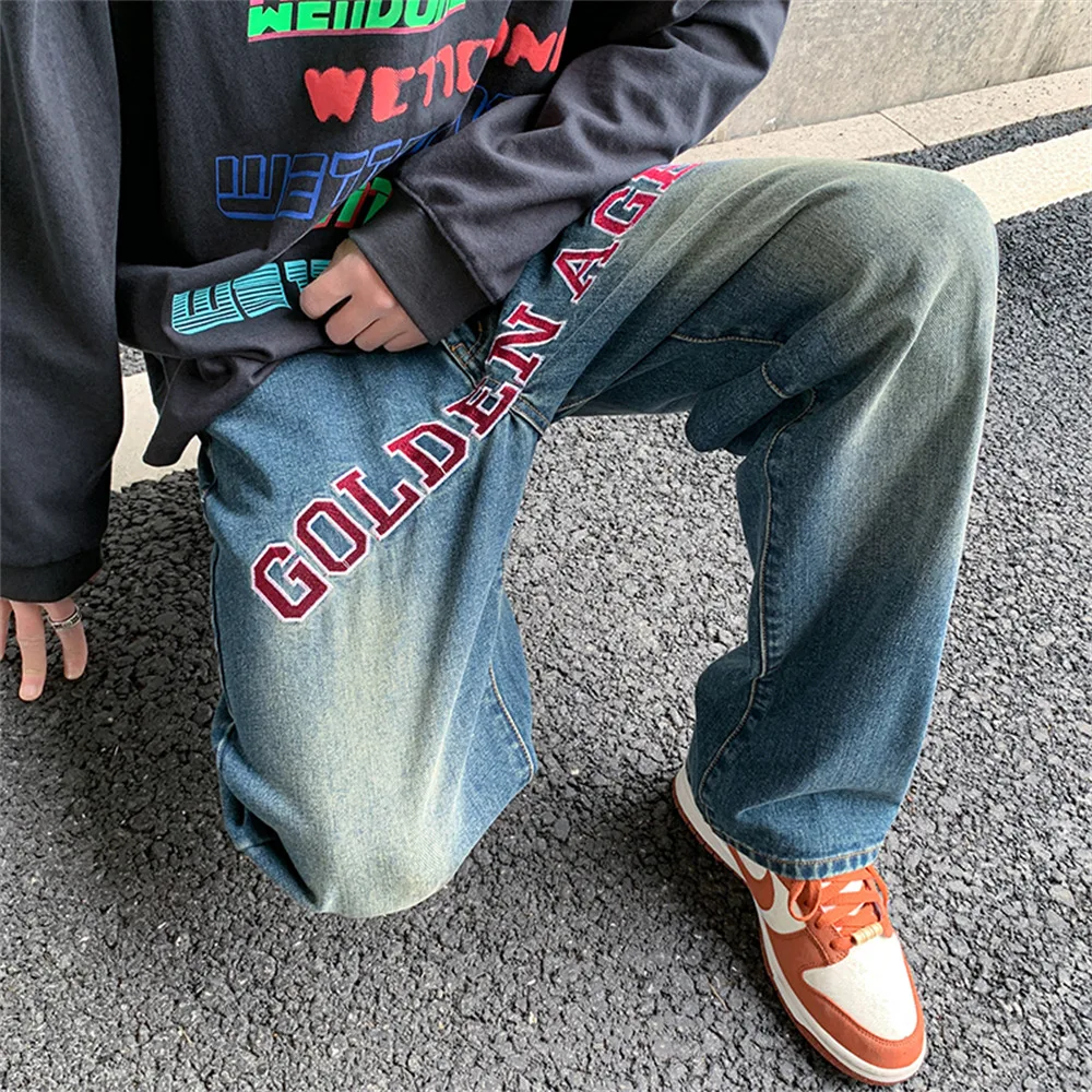 Letter Graphic Jeans for Men Y2k High Street Embroidery Trousers Vaqueros Baggy Hip Hop Punk Clothe Fit Men's Summer Denim Pants