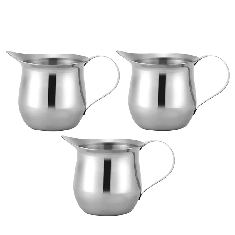 

Set of 3 Stainless Steel Creamers, 5Oz, Mirror Finish, Comfort Grip Handle, Coffee Cup