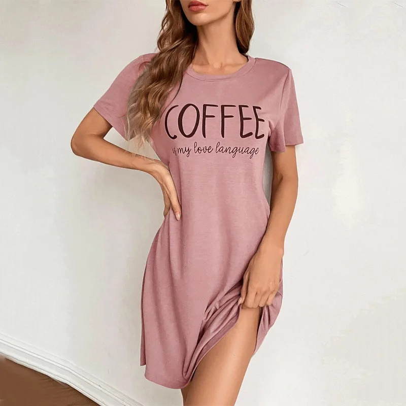 Nightdress Sleepwear Women Nightgown Short Sleeves Homewear Home Clothing Round Neck Lounge Loose Print Pajamas