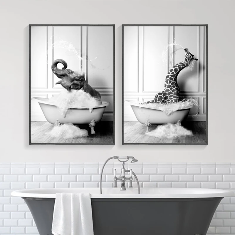 

Modern Animal Poster, Bathtub Animal Elephant Canvas Painting, Printed Penguin Mural Decoration Painting, Bathroom Bathroom Crea
