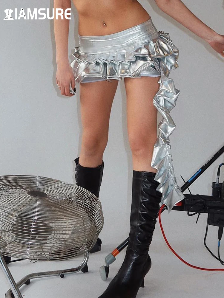 

IAMSURE Clubwear Sparkle Glitter Ruffles A-Line Super Mini Skirts Sexy Slim Low-Waisted Pleated Skirts Women 2023 Summer Fashion