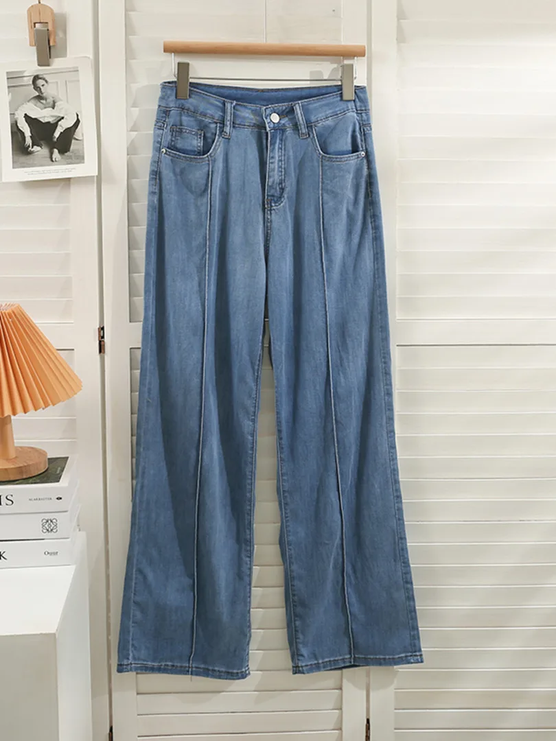 

2022 Elegant Women's Jeans Retro Korean Fashion High Waist Straight Leg Long Pants Casual Female Summer Thin Soft Denim Trousers