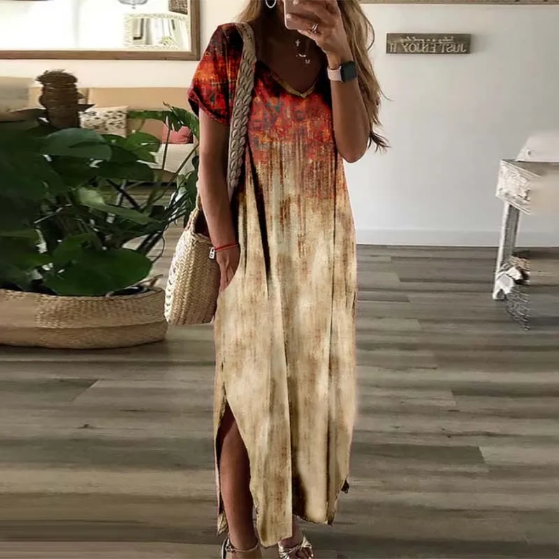 

Casual Loose Short Sleeve Pocket Pullover Dress Female Sexy V Neck Hollow Beach Dress Summer Vintage Print Side Split Long Dress
