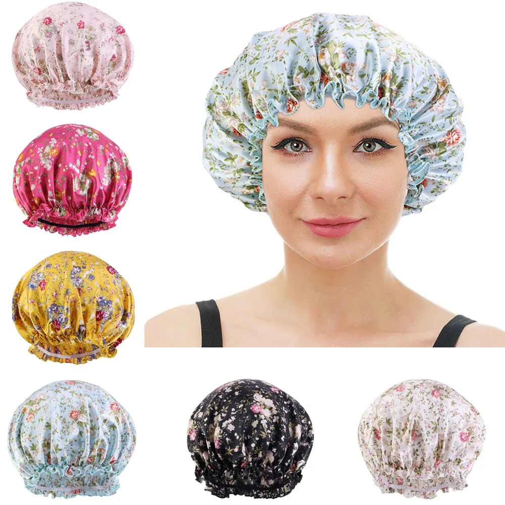 

Large Size Sleeping Night Hair Care Bonnet Hair Cover Shower Cap Satin Flower Print Bath Hat Shampoo Cap Women Bathroom Supplies
