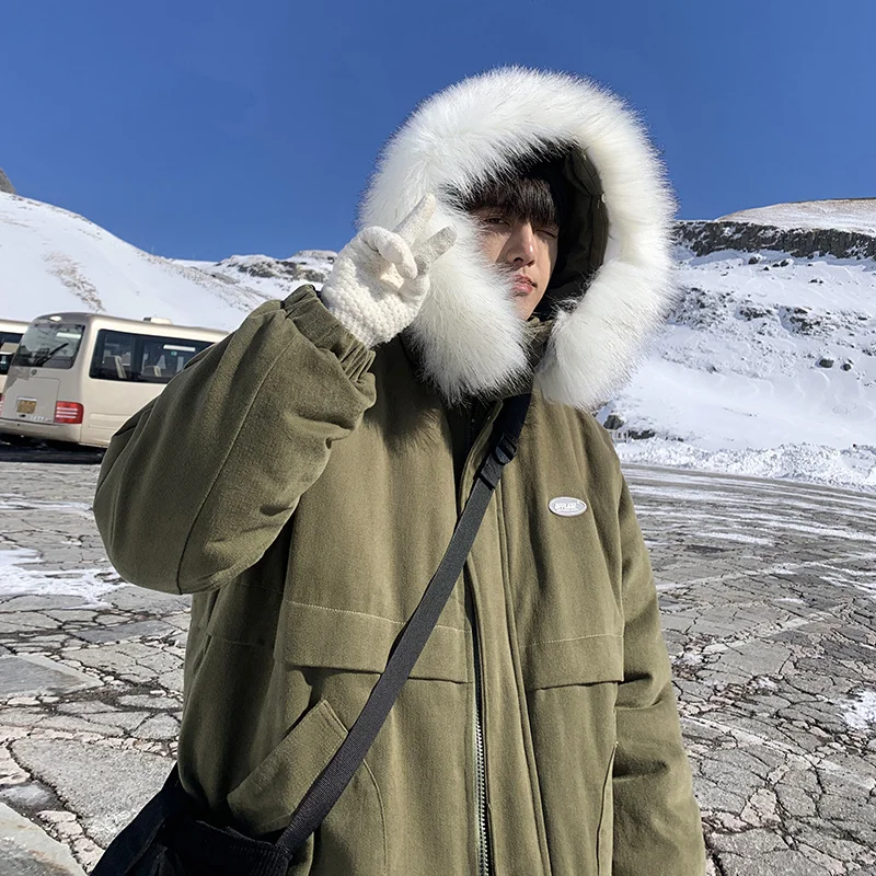 Winter Jacket Men Warm Fashion Fur Collar Hooded Thickened Jacket Men Streetwear Dress Korean Loose Thick Short Coat Mens Parker