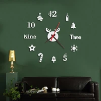 2022 christmas 3d wall clock sticker acrylic mirror effect with professional clock movement elk candy cane for christmas decor