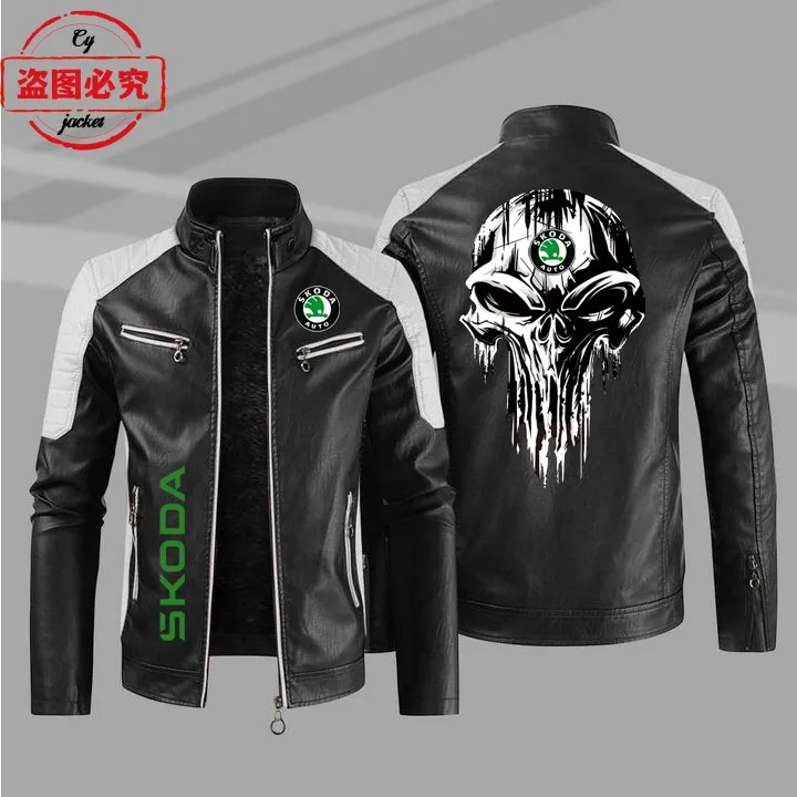 WRC rally Skoda racing car logo pu leather jacket windproof autumn and winter men's skoda
