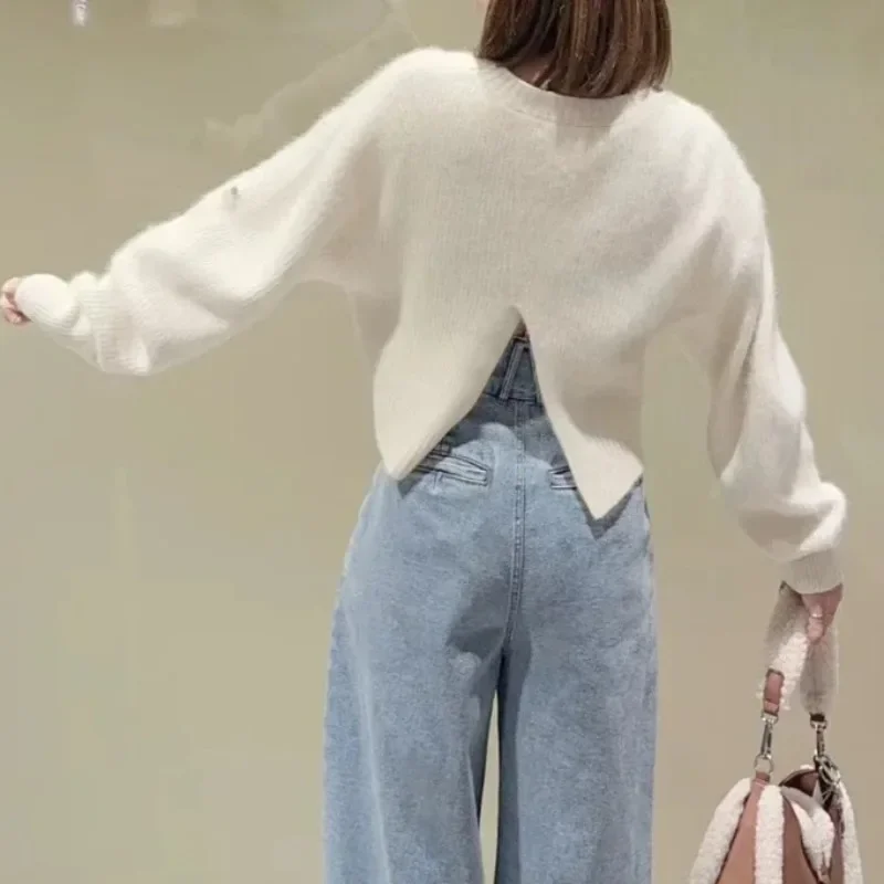 Шикарный женский свитер с разрезом сзади 2024 ромбы Ropa Mujer верхняя одежда круглым