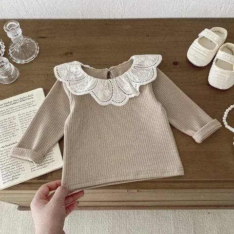 Новая детская осенне-зимняя одежда, детские топы с кружевным воротником, детский пуловер с длинными рукавами, футболка для младенцев, одежда для девочек, блузка для малышей