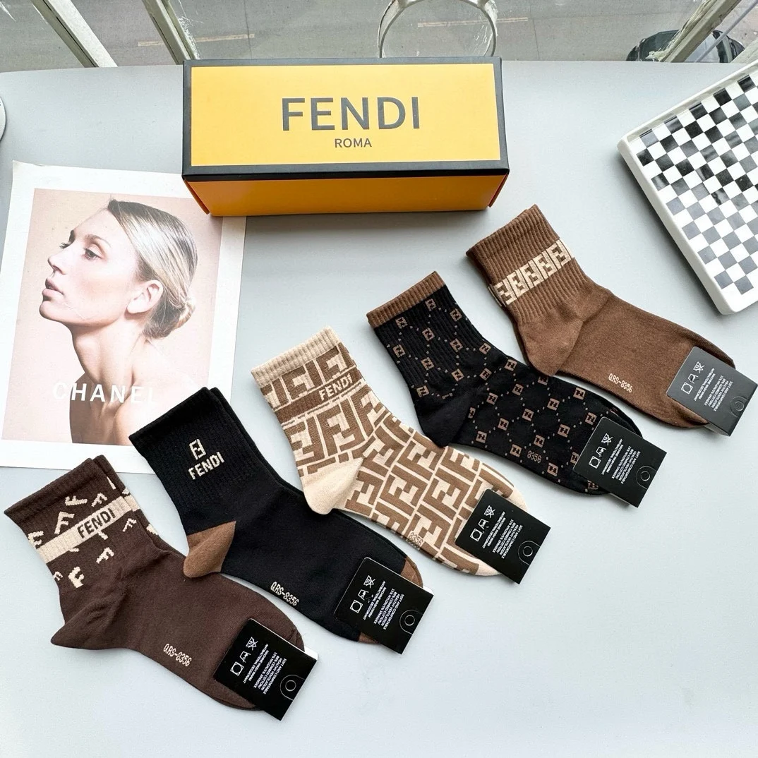 Носки Fendi 5 пар дышащие Носки мужские женские хлопковые мягкие впитывающие пот