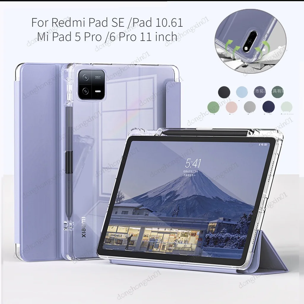 

For Redmi Pad SE 11 inch Transparent Case For Xiaomi Pad 5 5 Pro11" mi Pad 6 Pro Trifold Stand Leather Clear Back TPU Soft Cover