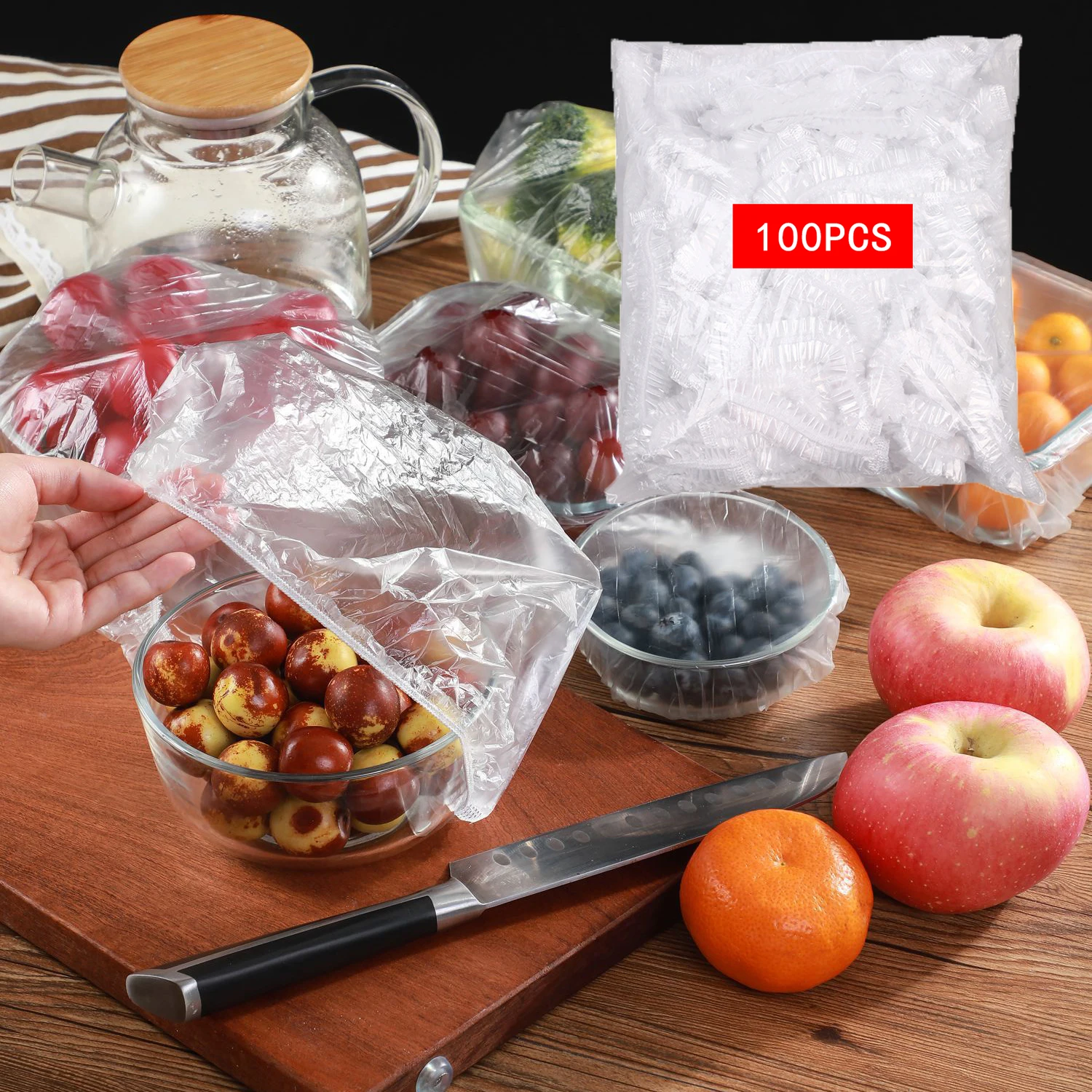 

100pcs Disposable Plastic Food Cover Wrap Elastic Cling Film Refrigerator Food Cover Dustproof Stretch Film Bag For Dishes Plate