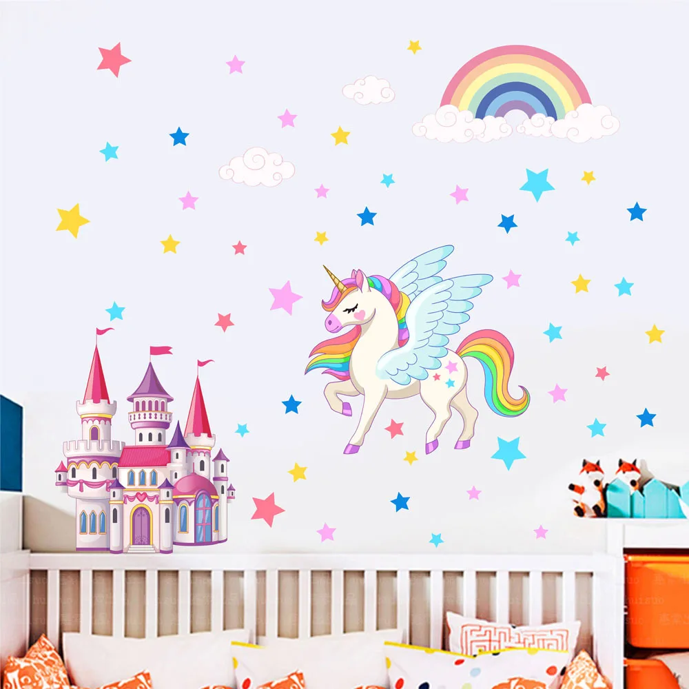 

DIY Cartoon Animal Vinly Wall Stickers Pink Rainbow Girl Baby Bedroom Decor Aesthetic Castle Childern Room Pegatinas De Pared