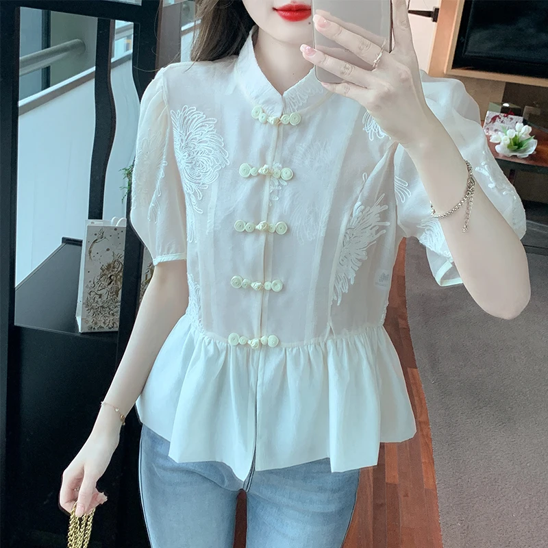

Chiffon Women's Shirts Summer 2023 New Chinese Style Blouses Slim Fit Solid Lace Short Sleeve Top Elegant Clothing YCMYUNYAN