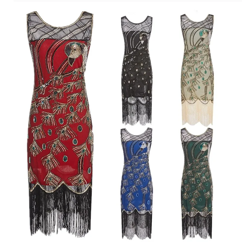 

1920s Gatsby Costume Ball Party Tasseled Round Neck Sequined Beaded Sleeveless Dress