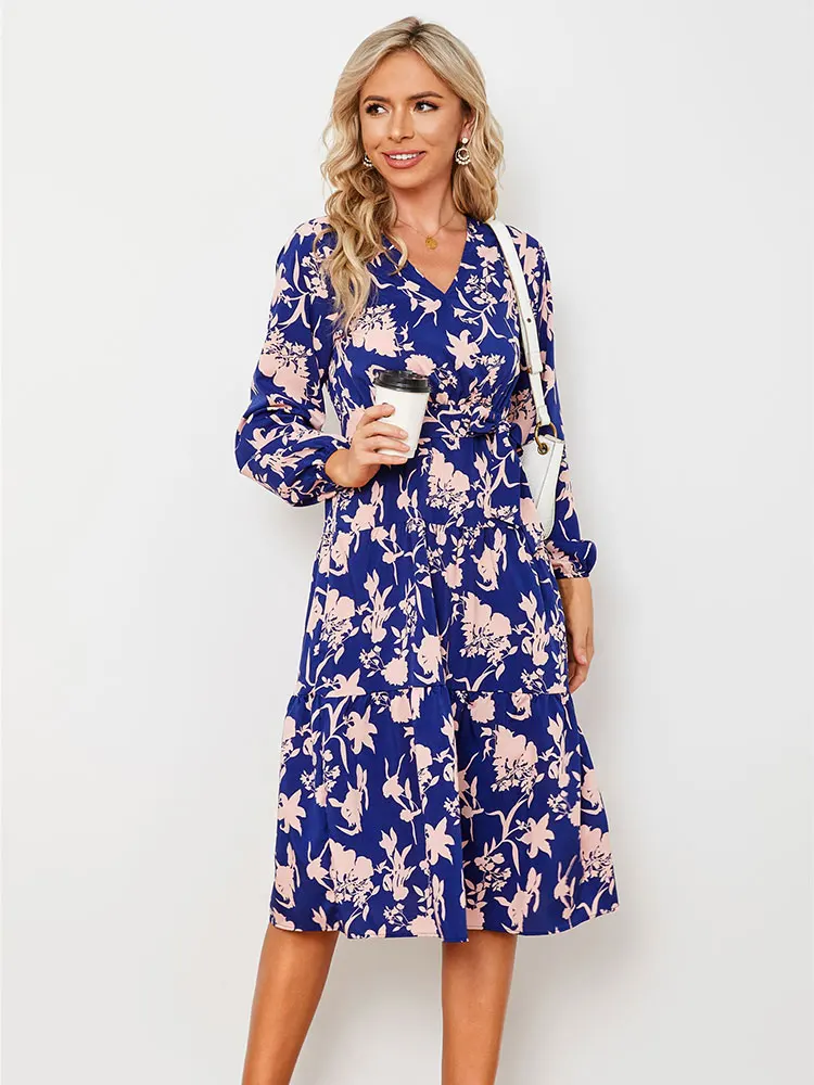 

Spring Autumn Women Dresses Sexy Club V Neck Bohemian Vestido Feminino Verao 2022 Midi Dress Floral Fashion Long Sleeve Clothes