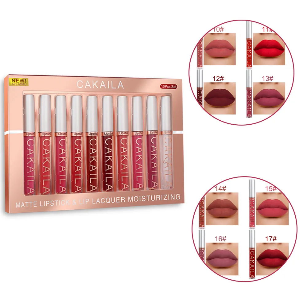 

10pcs/set of Matte Hydrating Lip Gloss Glitter Non-stick Cup Waterproof Long-lasting Liquid Lipstick Beauty Sexy Female Make-up