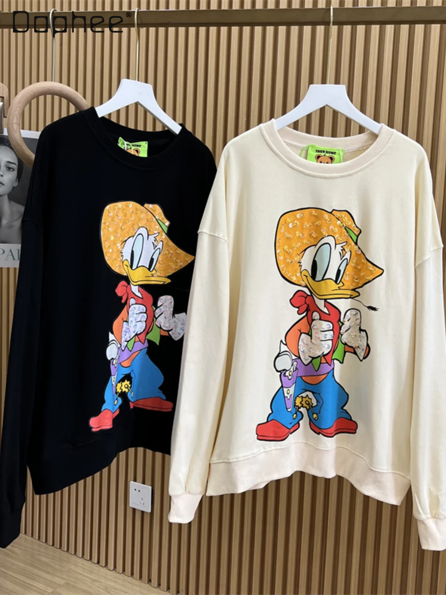 

Autumn New Oversize Cartoon Printed Pullover Mid-Length Hoodies Women's Loose Round Neck Long Sleeve Beaded Cotton Sweatshirts