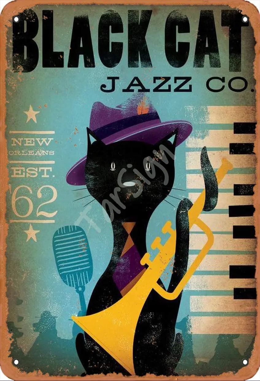 TarSign Black Cat Jazz Новый Орлеан винтажный жестяной знак логотип 12 8 дюймов рекламный