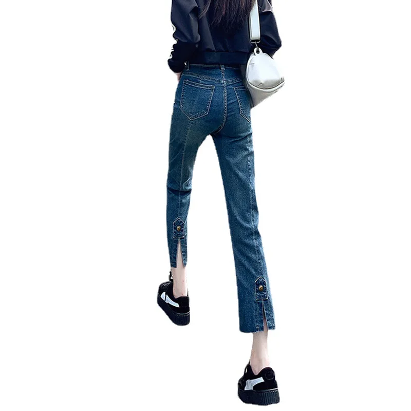 High Waist Straight Leg Jeans Women Spring Summer New Trend Split Nine Minute Smoke Pipe Pants Stretch Slim Jeans Women's Pants
