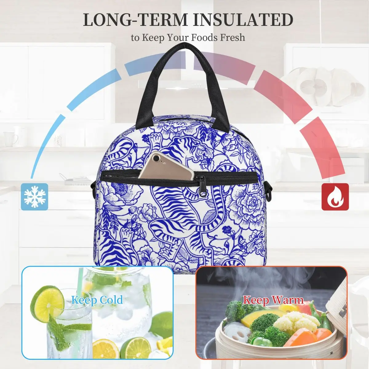 

Retro Tiger Lunch Bag with Handle Blue Floral Print Clutch Cooler Bag Beach Modern Meal Thermal Bag