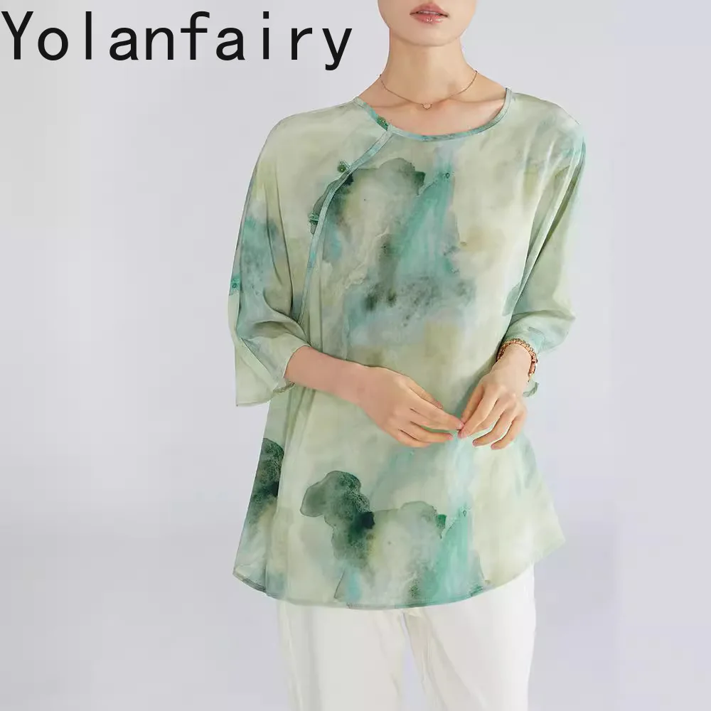 Фото YOLANFAIRY Элегантные женские блузки из 100% шелка креп-де-шин, летние, с принтом «зеленые чернила», футболки-топы №2