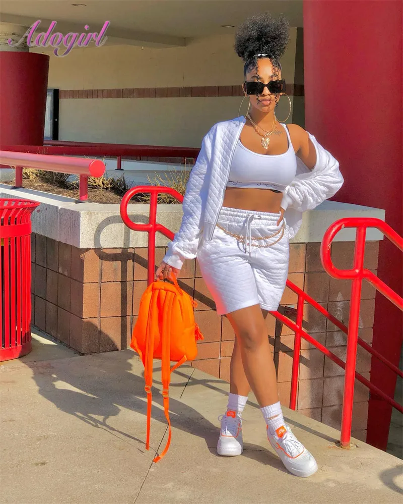 Mercerized Cotton Solid Tracksuit Women Casual sport Two Piece Set casual Zips Long Sleeve Jacket Top Pockets Shorts Suit outfit