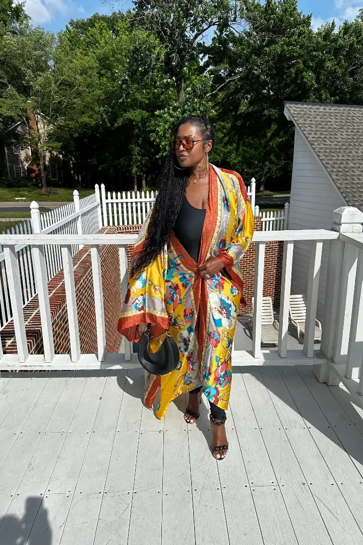 Африканская Летняя мода женский Шелковый Свободный длинный кардиган с принтом в