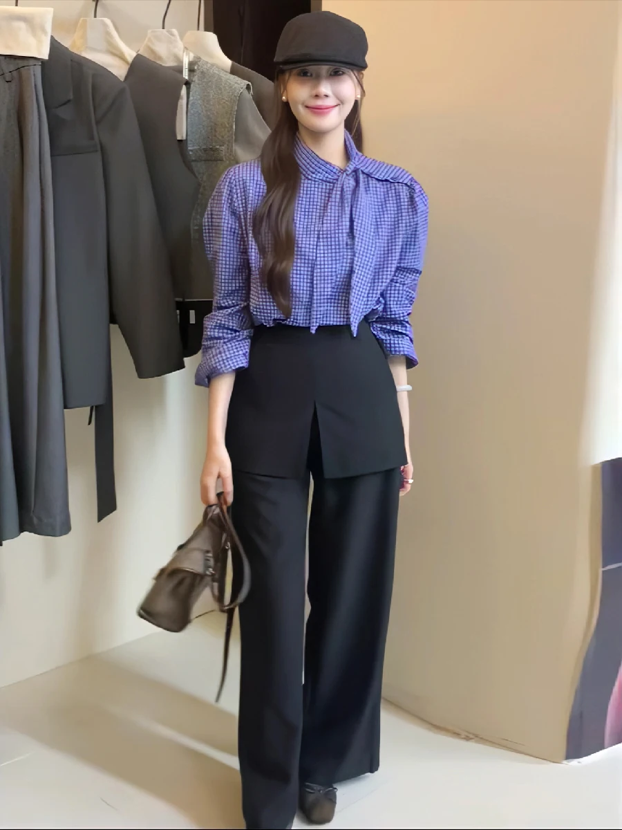 Корейские рубашки с длинными рукавами в стиле ретро заячьими ушками синие