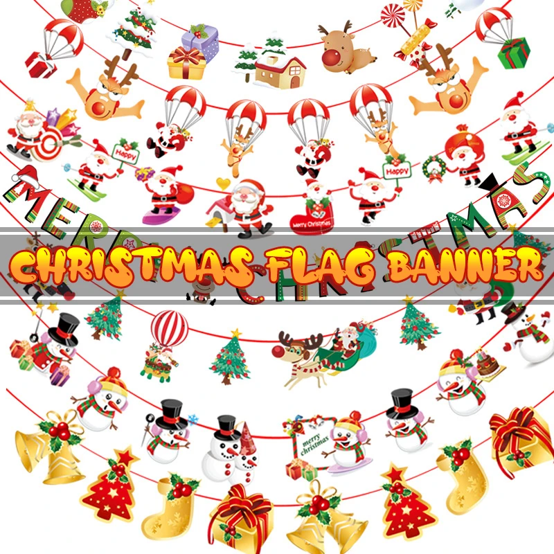 

2022 Creative Christmas decoration cartoon paper flag bunting Christma scene atmosphere layout Santa Claus snowman Christma tre