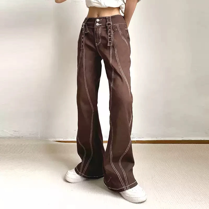 American Retro Brown Jeans Woman High Waist Y2k Flare Denim Trousers Korean Fashion Straight Pants Streetwear Personalized Jeans